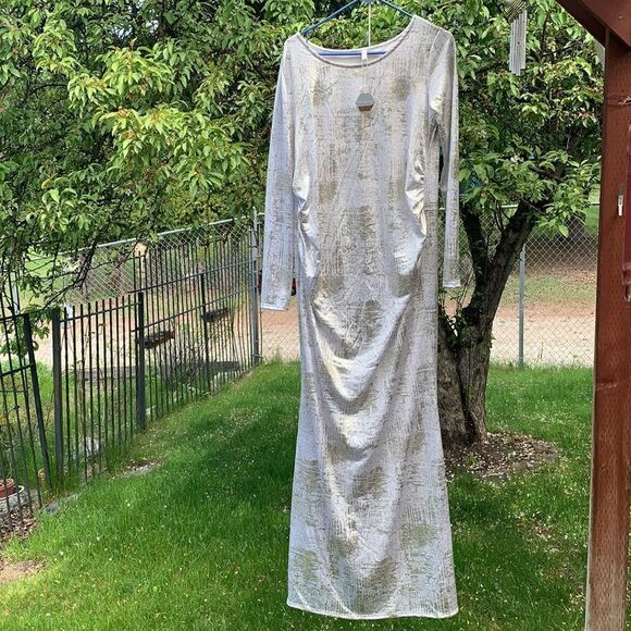 NWT BEAUTIFUL XL PINK BLUSH MAXI LONG SLEEVED GOLD MATERNITY DRESS W/SIDE RUCHE - Picture 4 of 9